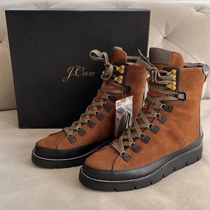 NWT. J. Crew suede and leather lace up boots in original box. Two, 2-tone laces.